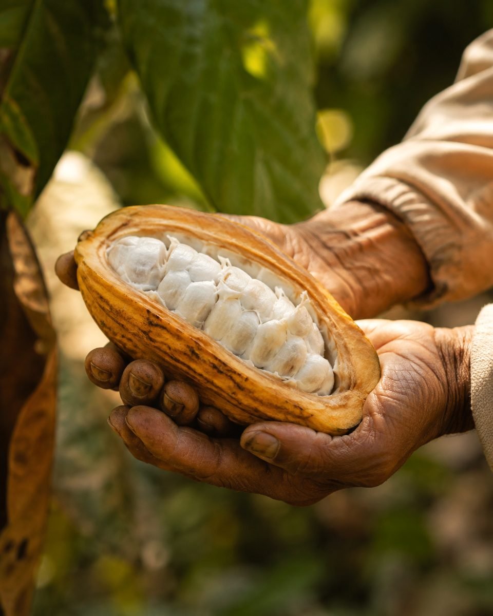 Manos con una mazorca de cacao / Mains avec une cabosse de cacao